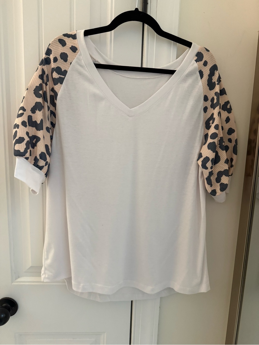 Women’s White V-Neck Top with Beige Leopard Sleeve Accents